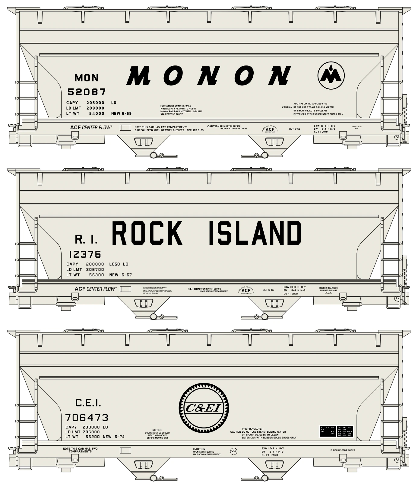 Accurail 8151 HO Scale ACF Covered Hopper Kit Midwest MON, RI, C&EI 3 Pack