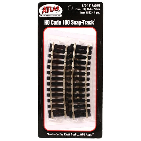 Atlas 832 HO Scale Code 100 Track 15" Radius 1/2 Curve (4 Pack)