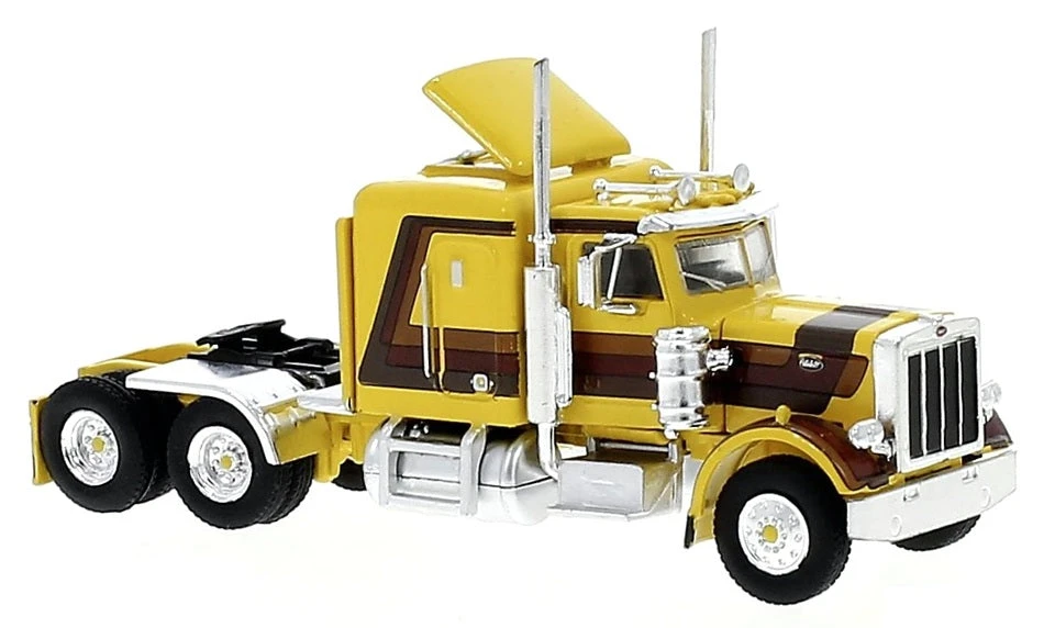 Brekina 85703 HO Scale 1976 Peterbilt 359 Sleeper Cab Tractor Yellow And Brown