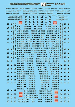 Microscale Decals 87-1078 HO Scale Rock Island RI Streamlined Passenger Cars (1940-1978)