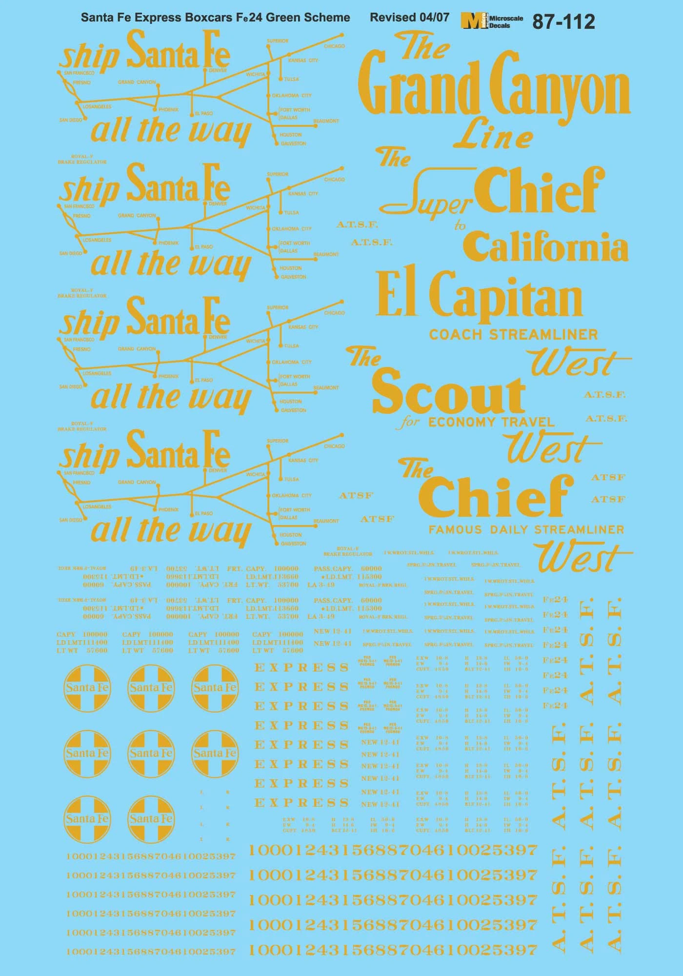 Microscale Decals 87-112 HO Scale 50' Express Boxcars Santa Fe (1950-1960)