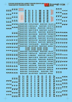 Microscale Decals 87-1134 HO Scale Burlington CB&Q Denver/Texas Zephyr Passenger Cars