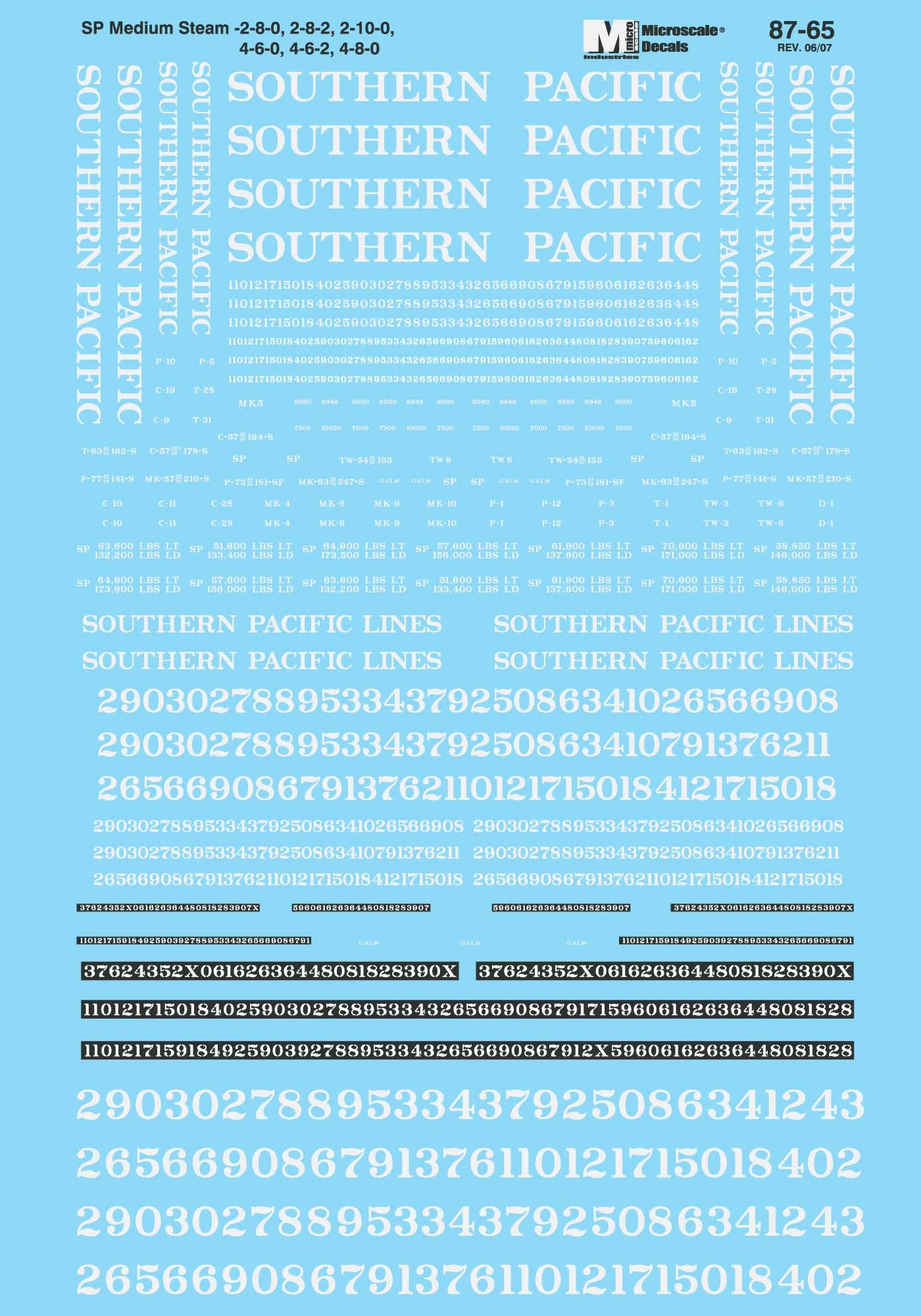 Microscale Decals 87-65 HO Scale Southern Pacific Medium Steam Locomotives