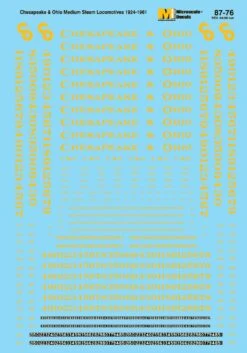 Microscale Decals 87-76 HO Scale Chesapeake & Ohio C&O Steam Locomotives (1924-1961)