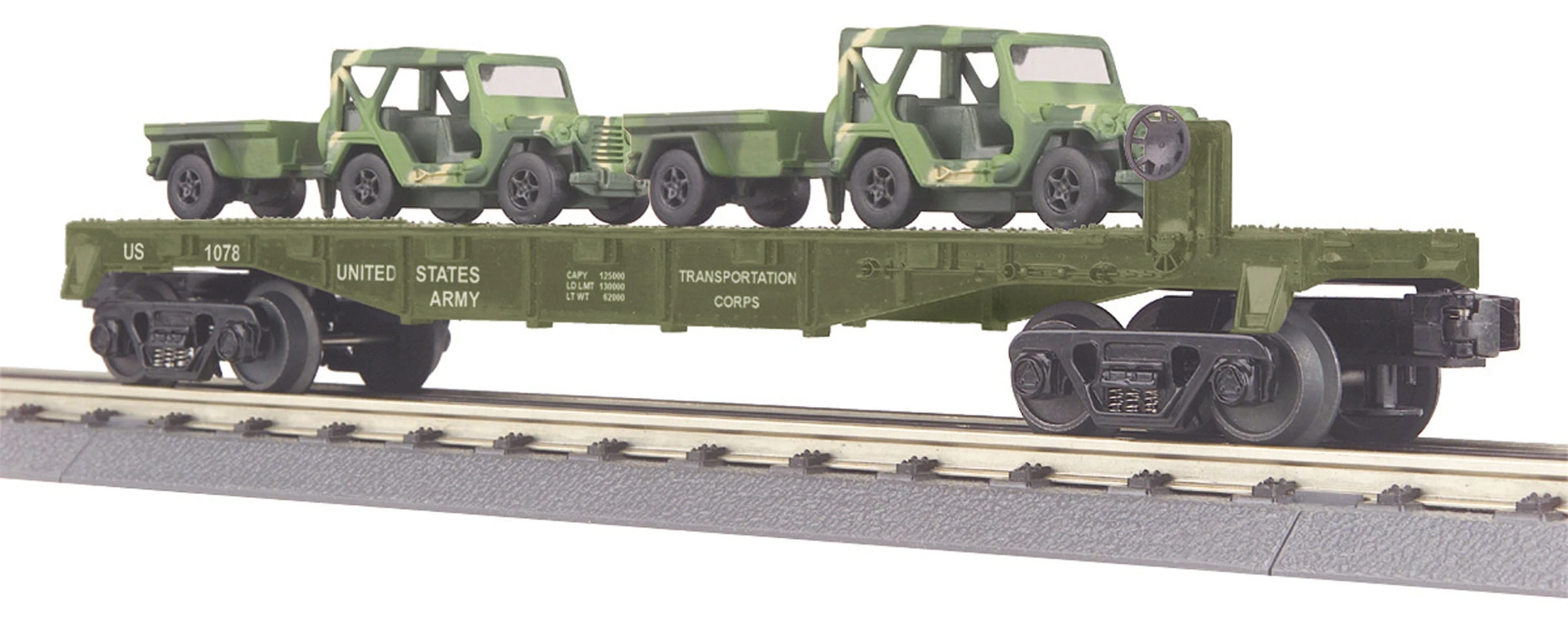 MTH RailKing 30-76041 O Guage Flatcar Wth US ARMY Jeeps - NOS