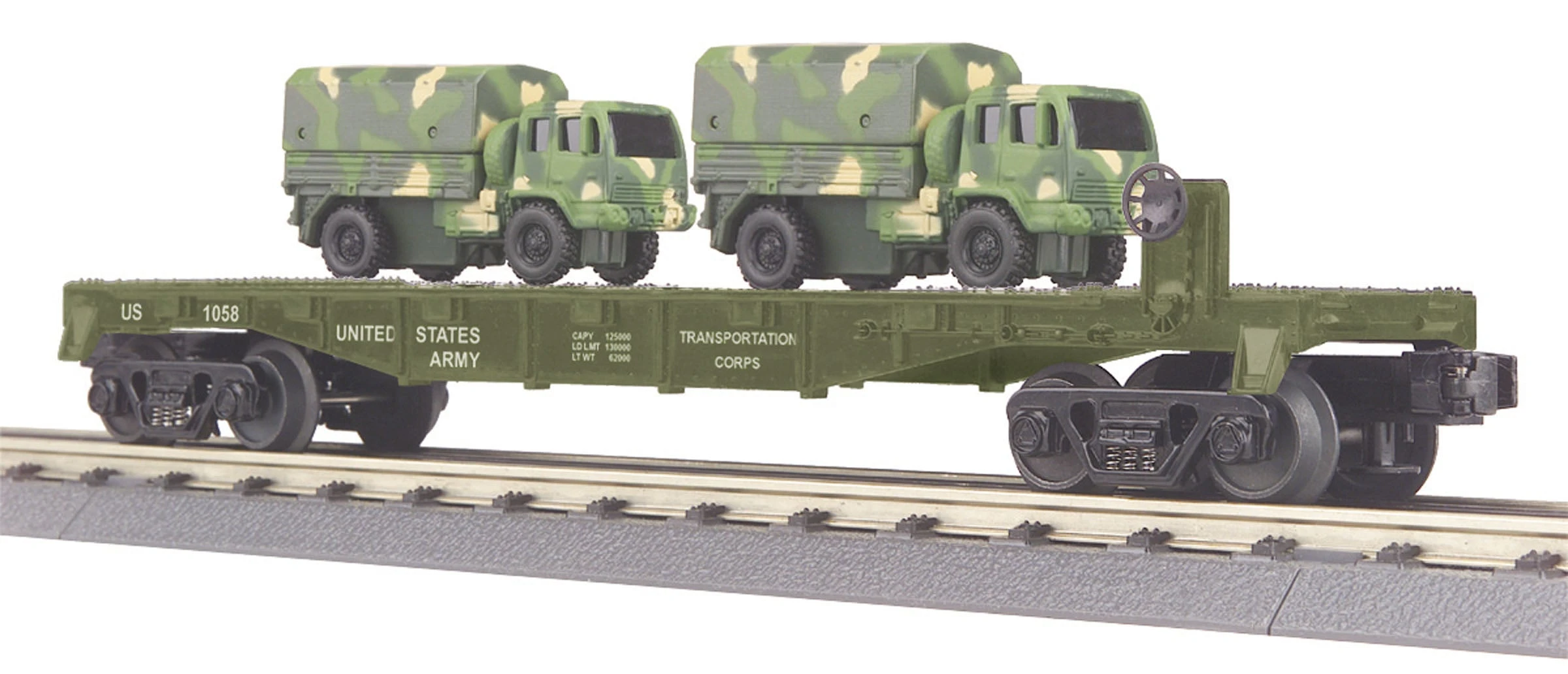 MTH RailKing 30-76042 O Guage Flatcar Wth US ARMY Troop Carriers - NOS