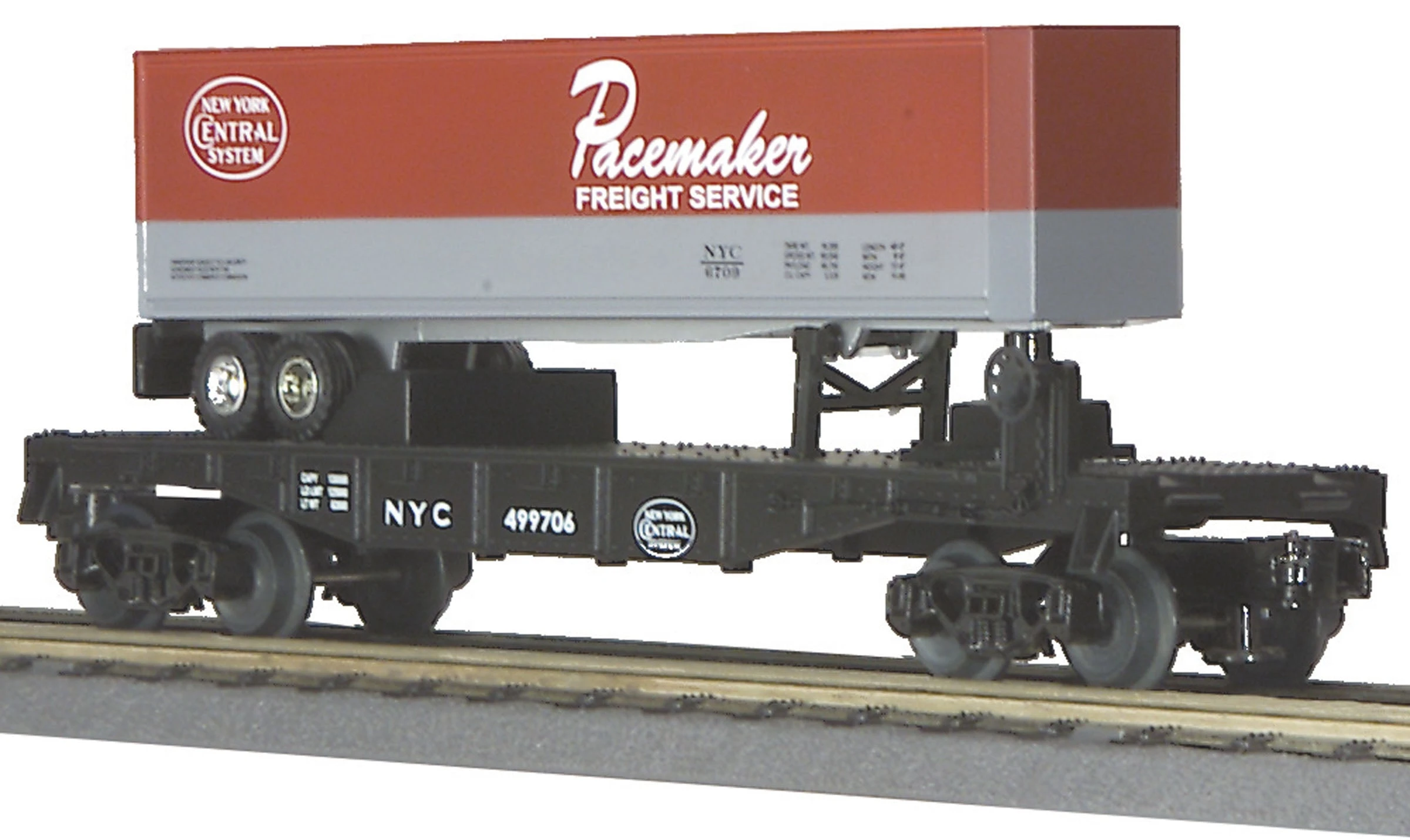 MTH Railking 30-7608 O Gauge NYC 499706 Flatcar With Pacemaker Trailer - NOS