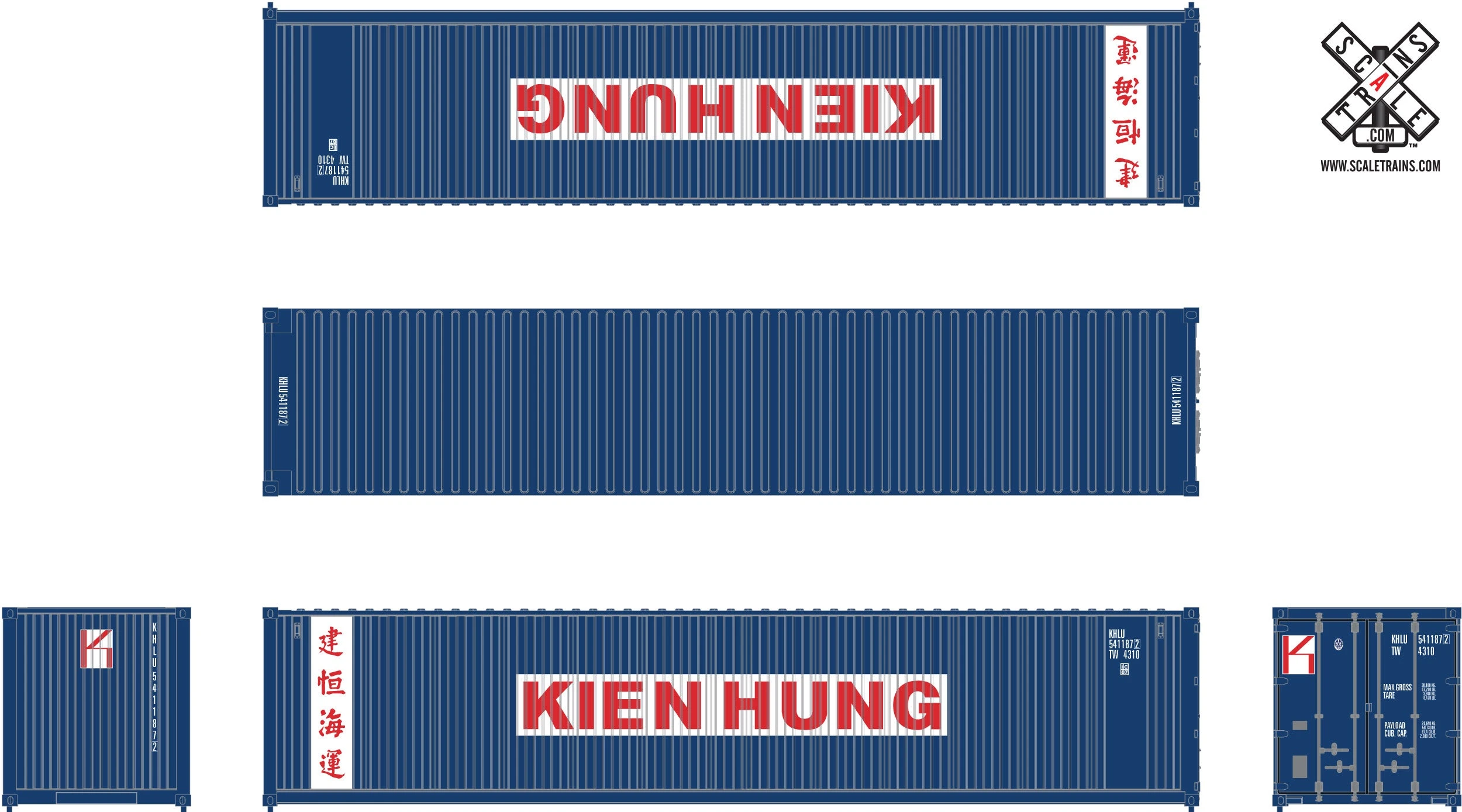 ScaleTrains Operator 11031 HO Scale 40' Square Container Kien Hung KHLU 3 Pack - Image 2