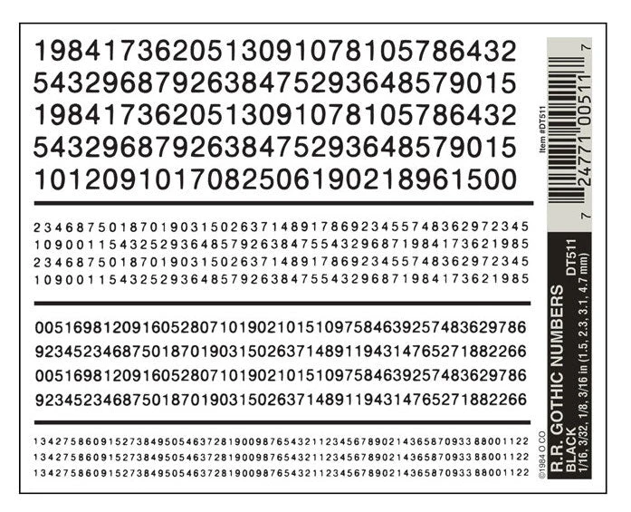 Woodland Scenics DT511 Dry Transfer Decals - Railroad Gothic Numbers, Black